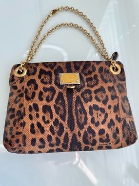 Dolce & Gabbana Brown and Black Leopard Shoulder Bag with Gold Chain